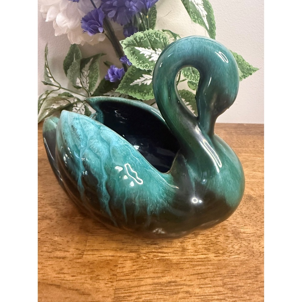 Vintage Blue‎ Mountain Pottery Swan Planter Green Drip Glaze Canadian Pottery